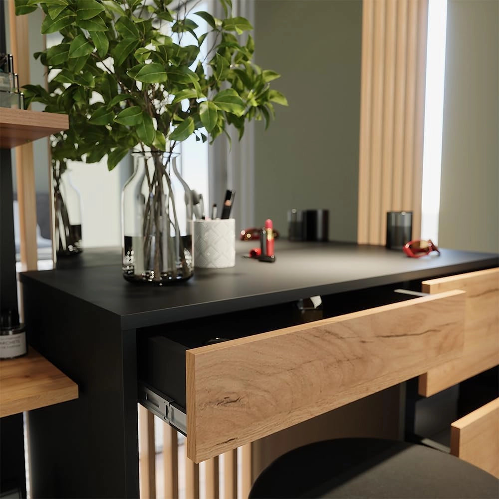 Tavolo da toilette Sherry, Antracite/quercia dorata, 90 x 75 cm con specchio e sgabello, con panca e grande specchio per un utilizzo versatile