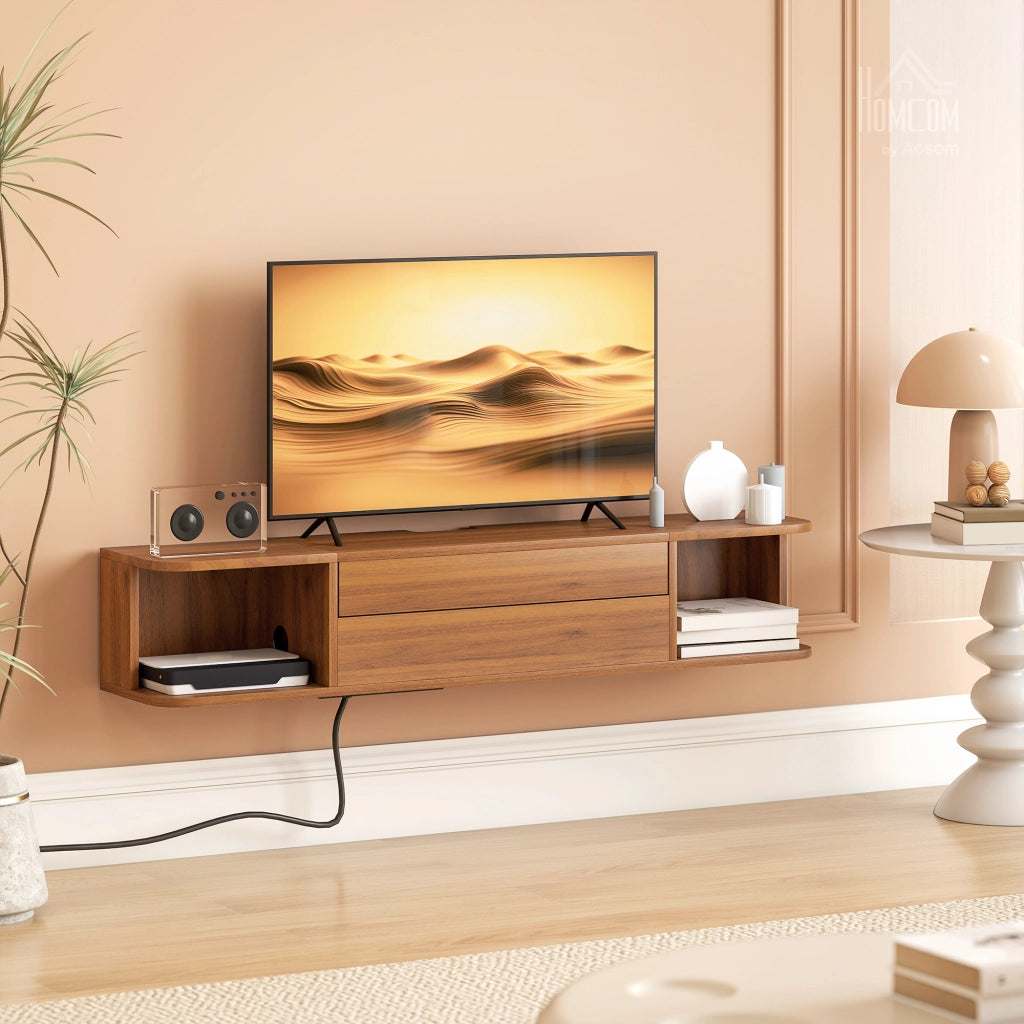 Mobile TV Sospeso fino 50' con Cassetto, Ripiani e Prese ¨C Minimal ¨C Noce 120x24x22.4 cm