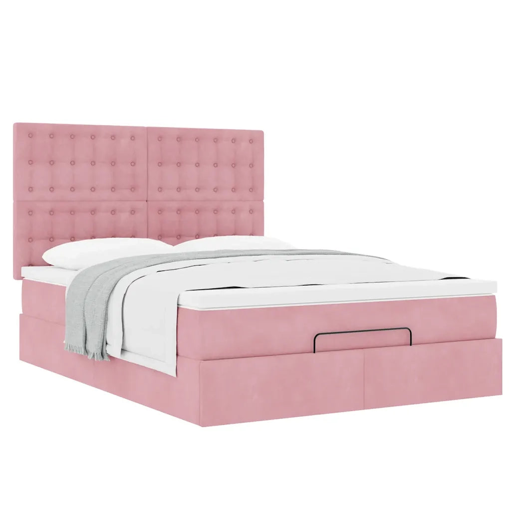 Struttura Letto Pouf con Materassi Rosa 140x200 cm in Velluto 3313624