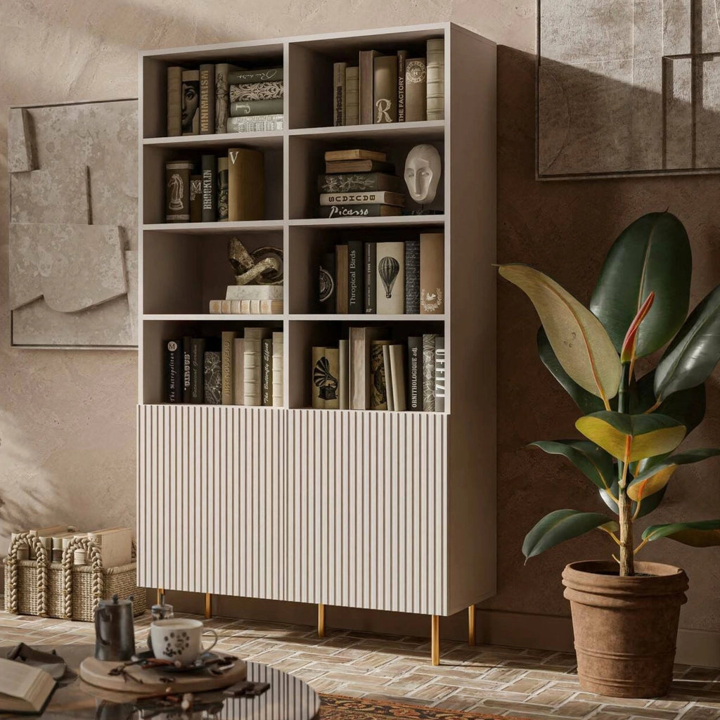 Libreria Estarreja, Mobile portalibri con vani aperti e due ante, Rialzato da terra, 100x42 h177 cm, Beige