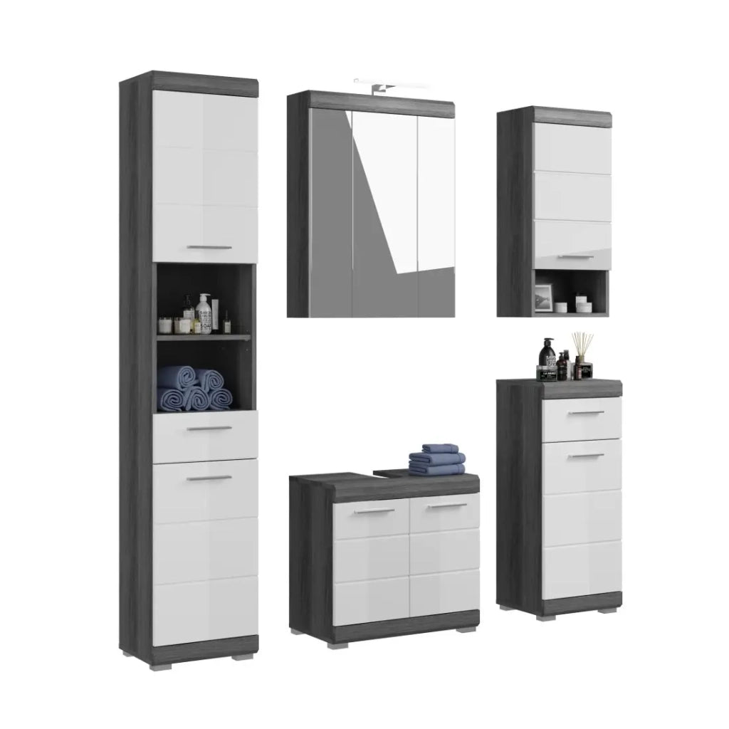 Mobile sottolavabo + mobile contenitore con specchio e LED + colonna + 2 mezze colonne