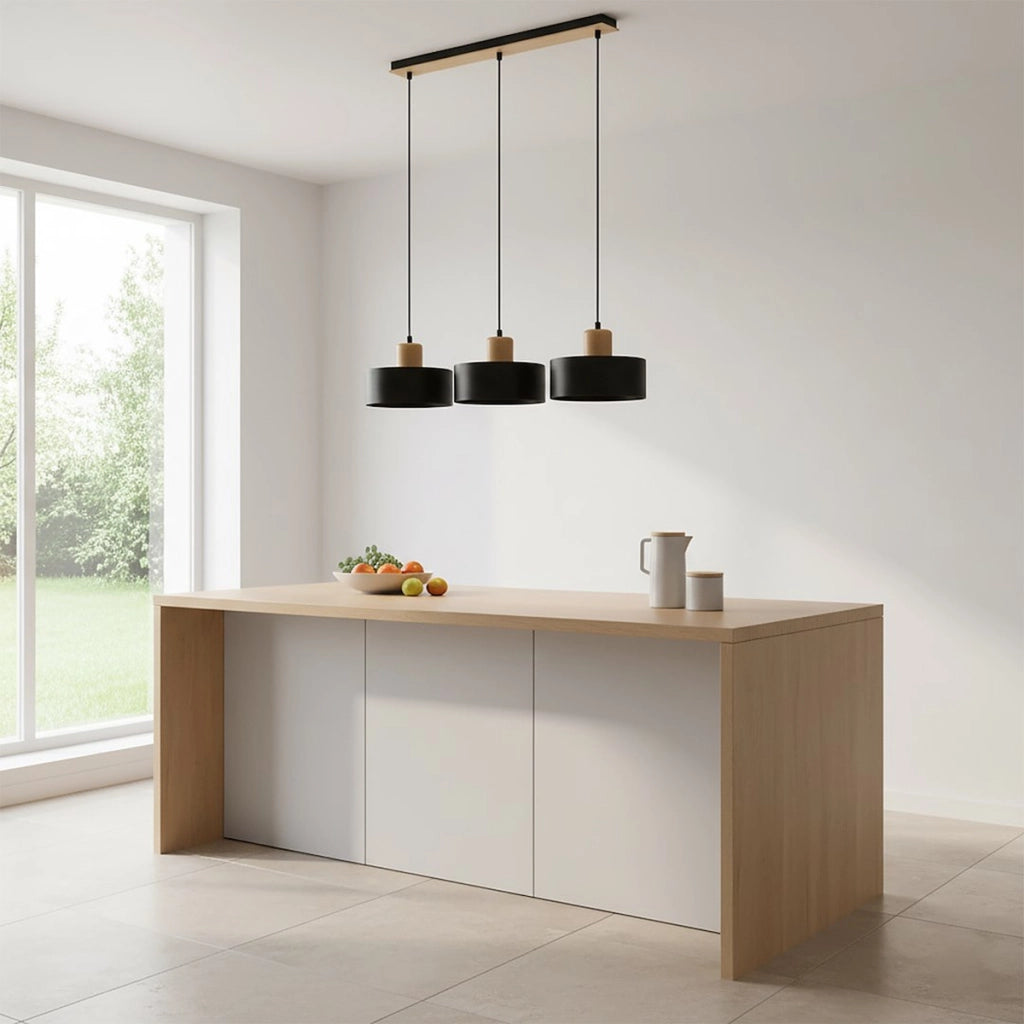 Lampada a sospensione TORIN in acciaio nero opaco e legno