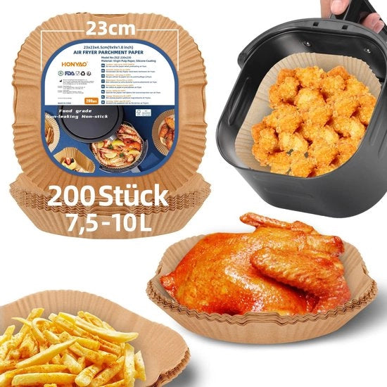 Papier per Airfryer quadrato 23 x 23 cm, compatibile con Airfryer 7,5-10 L, 200 pezzi, compatibile con Russell Hobbs, Cecotec, Princess XXL