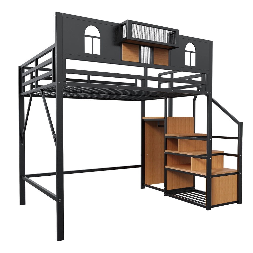 Letto a soppalco matrimoniale 140×200 cm con scala portaoggetti e ripiani; senza materasso; metallo; nero