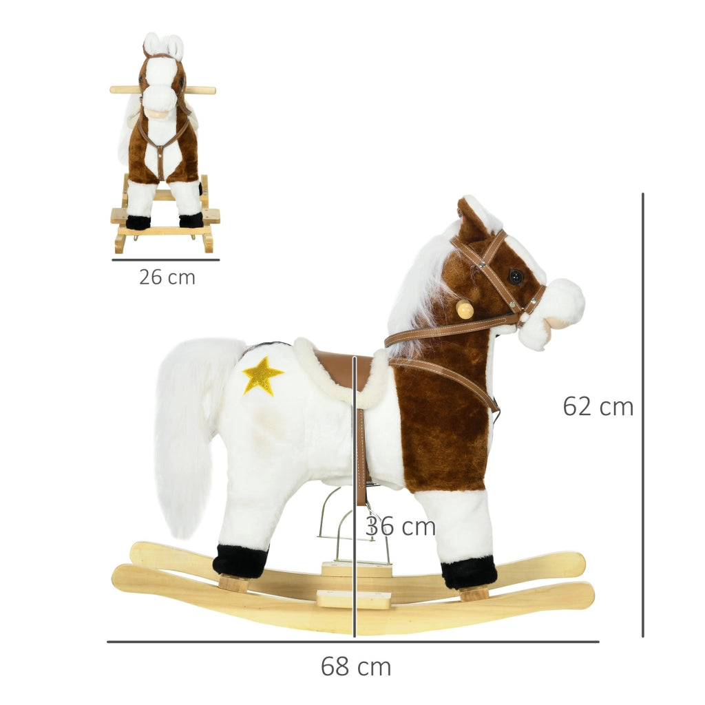 EasyComfort Cavallino a Dondolo per Bambini da 3-6 Anni in Peluche con Suoni, 68x26x62cm, Marrone
