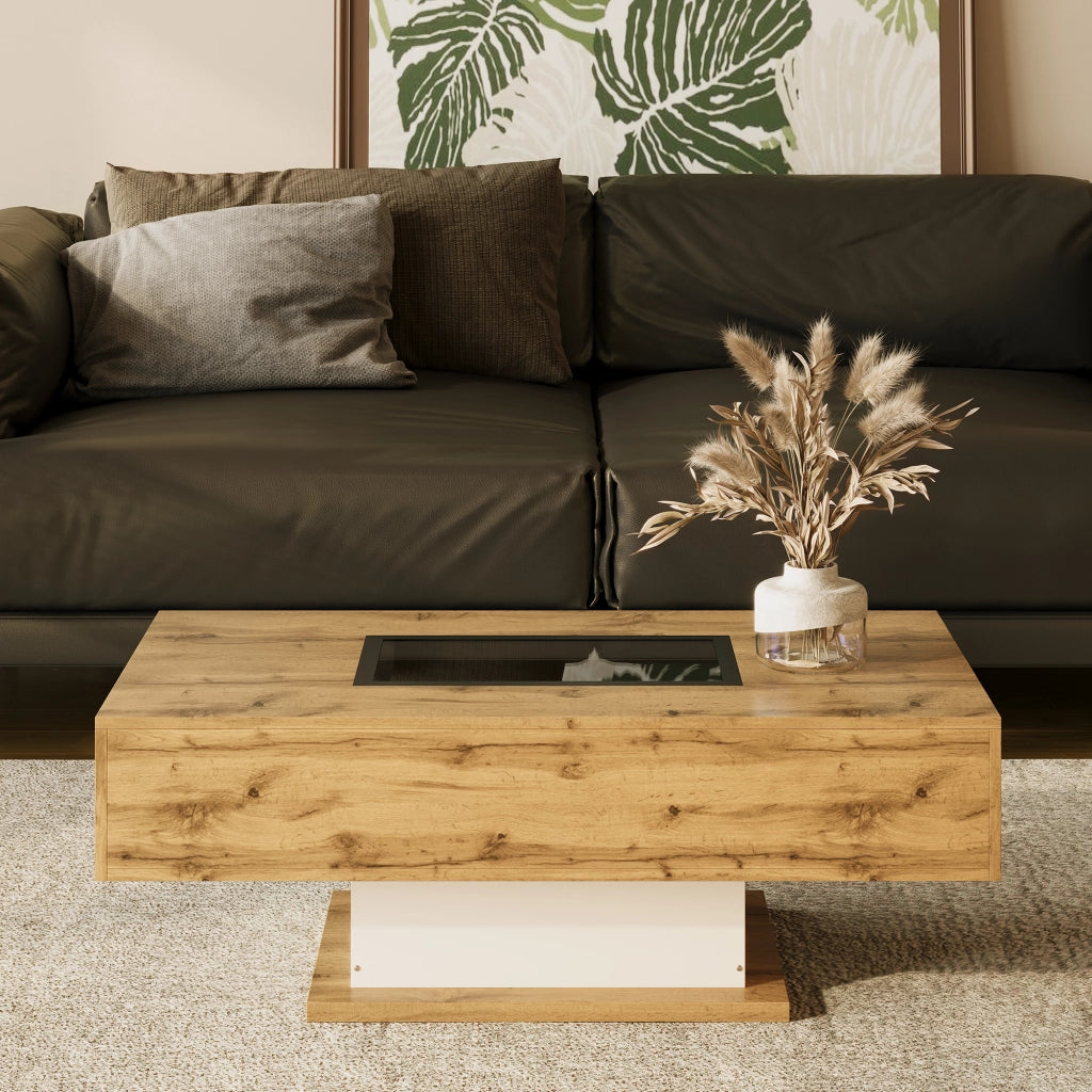 Tavolino da salotto 110.2x60x39.7 cm; 2 cassetti e LED regolabile; pannello truciolare; colore naturale