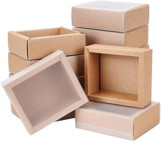 Scatole di regalo con coperchio - 12 pezzi - Carta di cellulosa - Rettilineo - Misto marrone/nero - 10,5 x 8,5 x 4 cm - Sostenibile e resistente - Scatole di regalo per catena