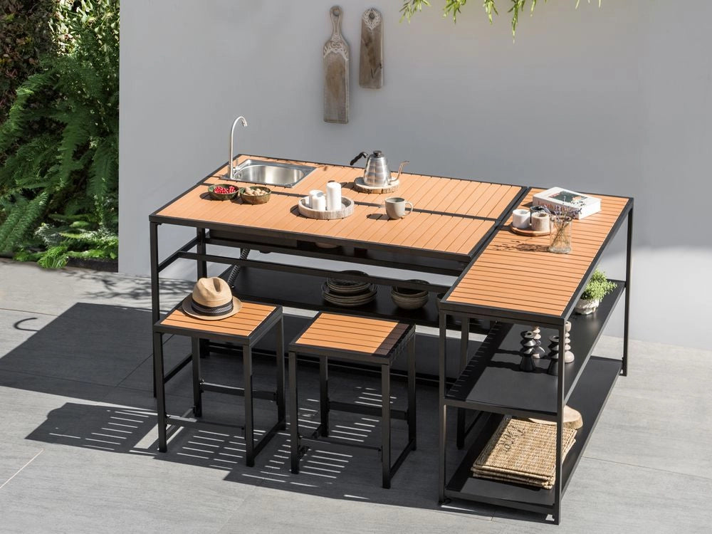 Isola da giardino in acciaio Scaffali in acciaio Base in polipropilene nero e legno chiaro 150x50x90 cm stile elegante