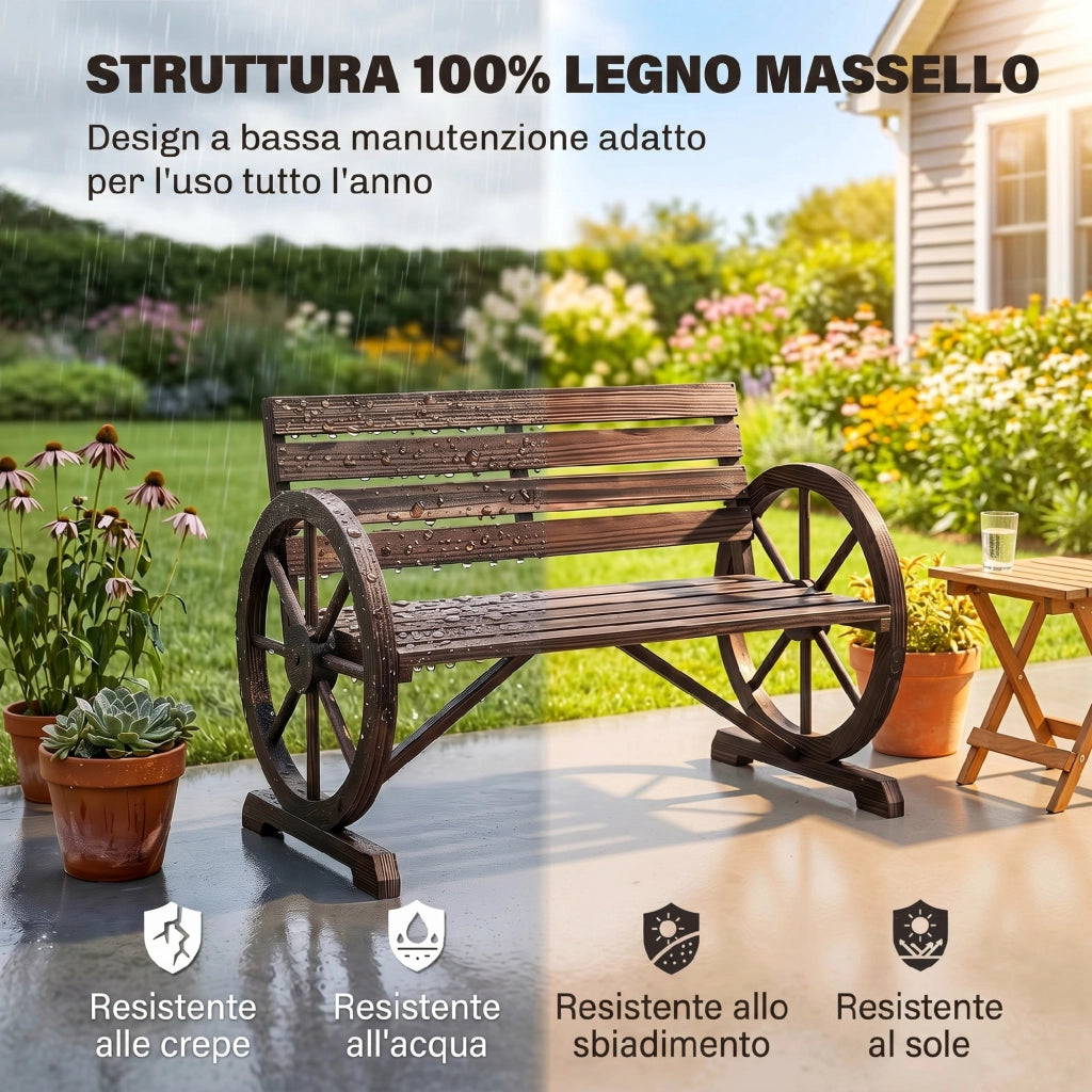 Panchina da Giardino da 2 Posti con Braccioli a Ruota, Panchina da Esterno a Doghe in Legno di Abete, Stile Country, 105.5x59x75 cm, Marrone