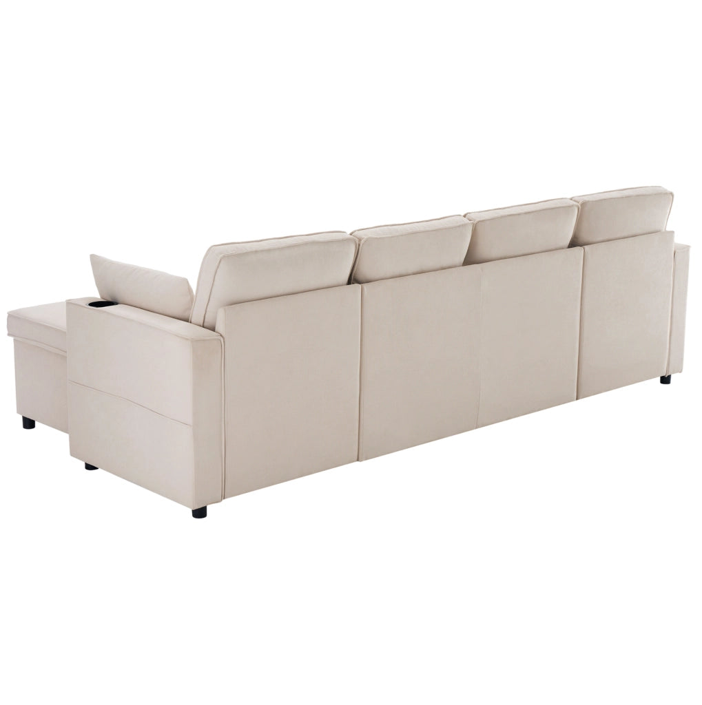 Divano letto U-förmige con contenitore, 4 posti, tessuto cotone-lino, beige, con 2 cuscini