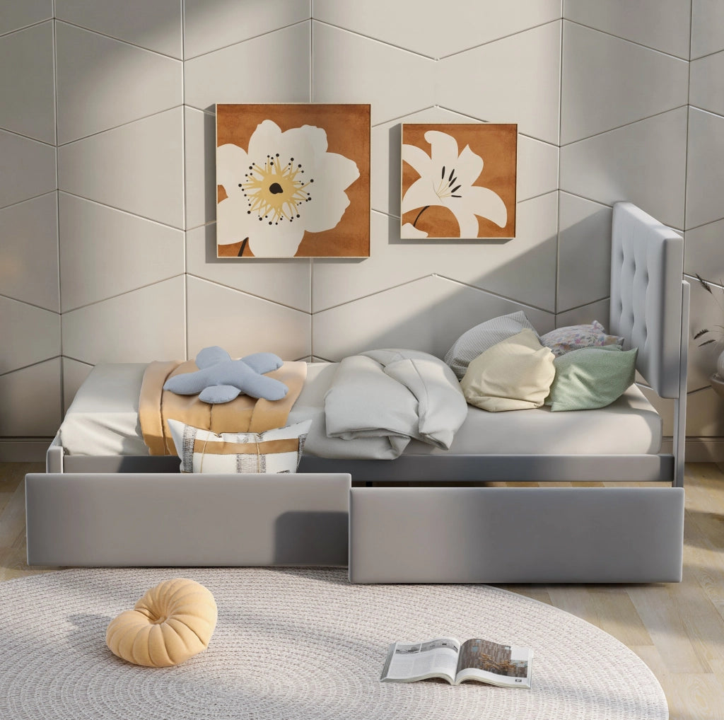 Letto imbottito 90x200 cm con testiera; 1 cassetto e rete a doghe; grigio