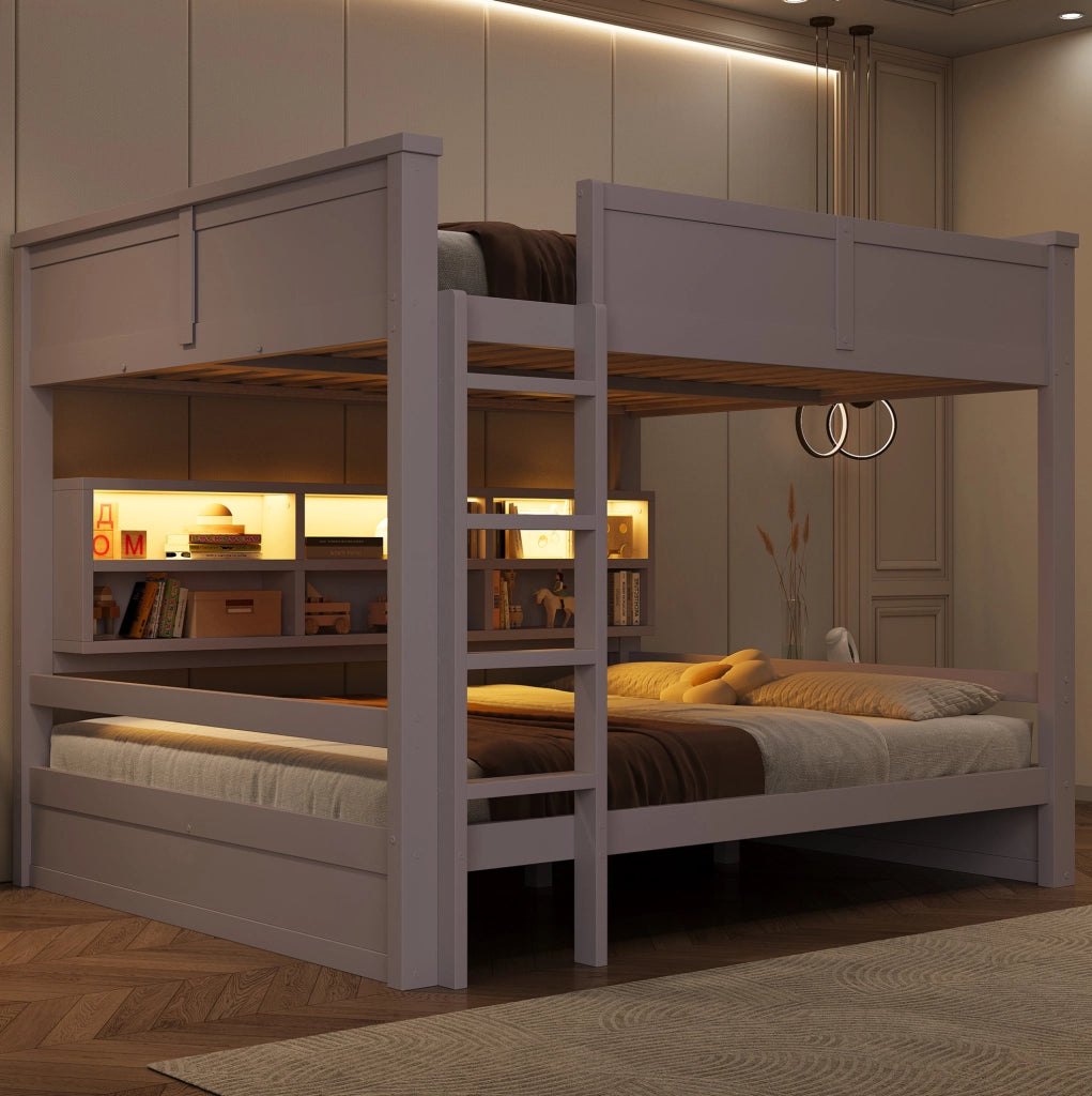 Letto a castello 160x200 cm in pino e MDF con 6 vani contenitori e luce LED; marrone