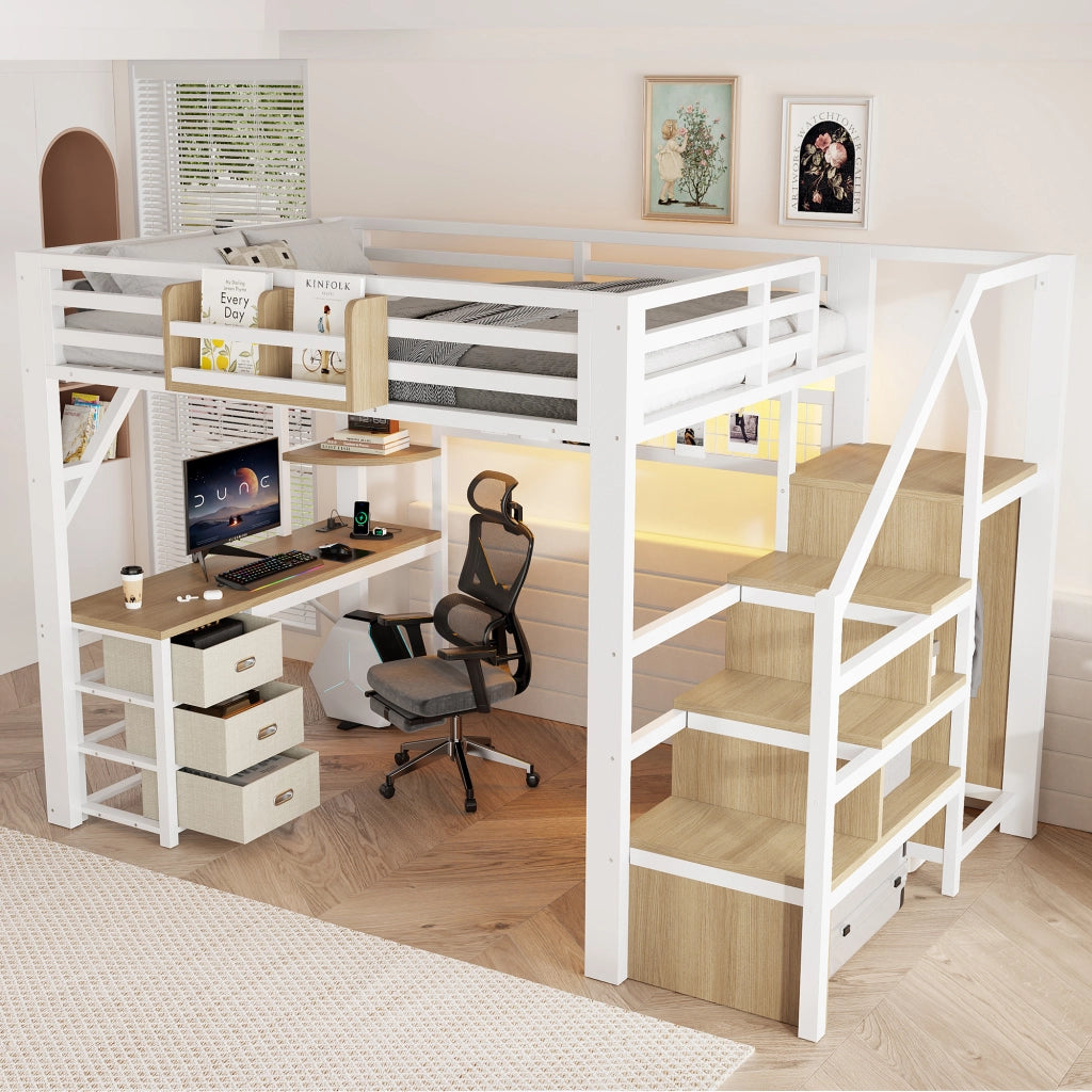 Letto a soppalco 140x200 cm con scrivania; armadio; LED e cassetti bianco