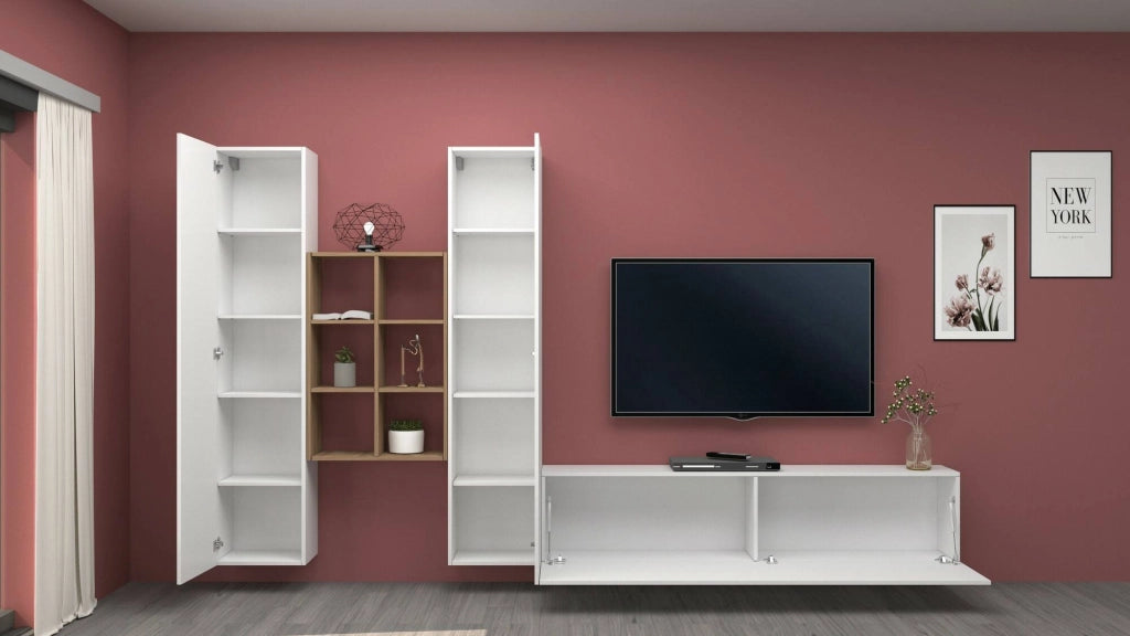 Mobile Soggiorno Acuto, Parete Attrezzata 15 Ripiani Made in Italy, 320x30x180h cm Bianco Lucido