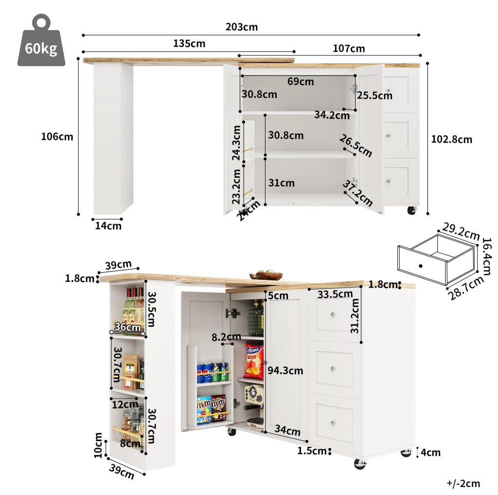Tavolo bar girevole 360° con contenitore e ruote, bianco
