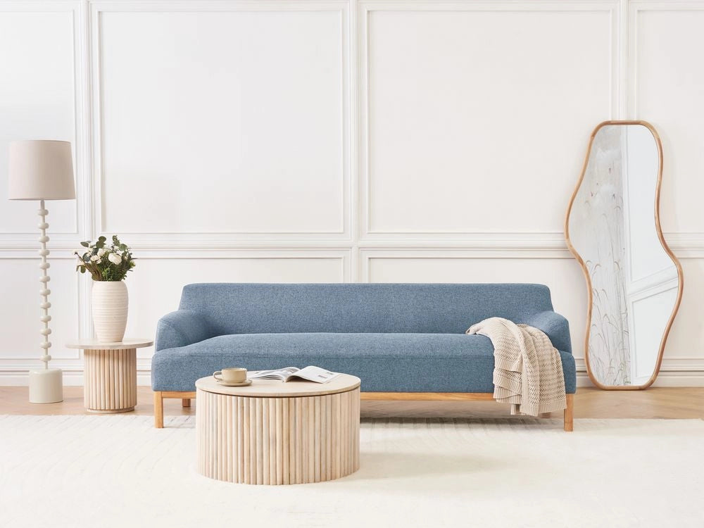Divano a 3 posti in tessuto poliestere blu con gambe in legno Soggiorno elegante
