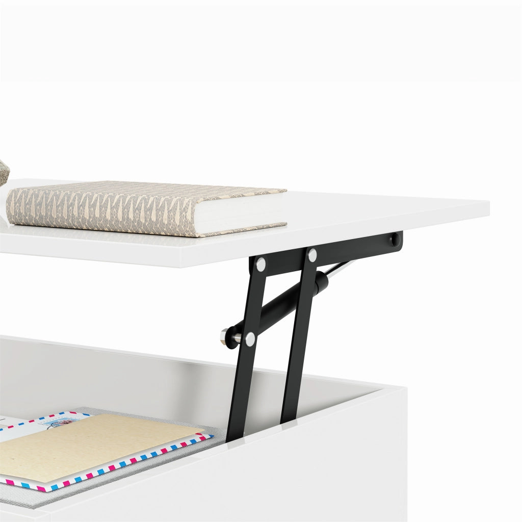 Tavolino da caffè 100x50x33/47.5 cm; altezza regolabile con luce LED e spazio contenitivo; truciolare e vetro temperato bianco