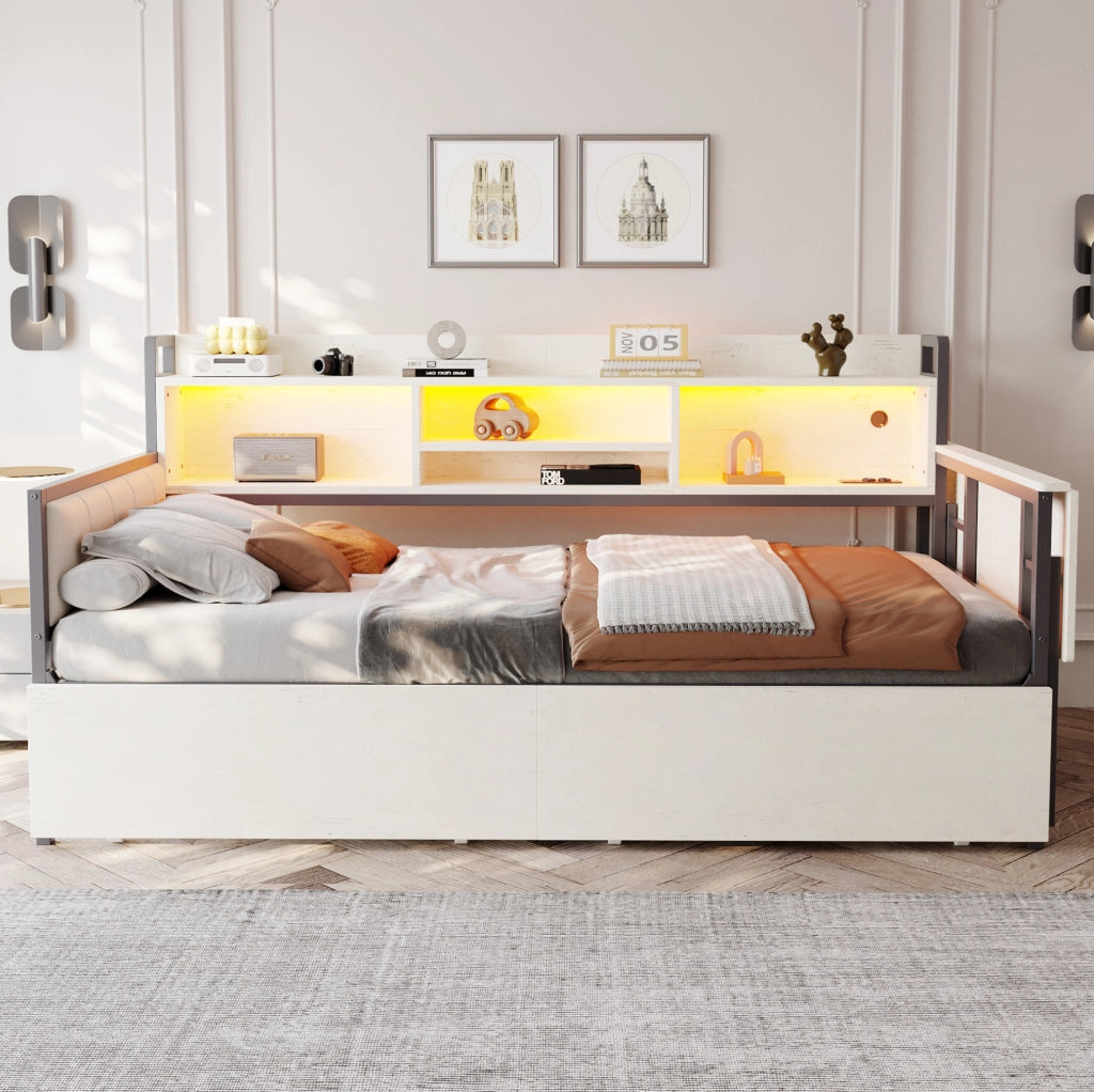 Letto multifunzione singolo 90x200 cm in metallo con LED; scrivania e cassetti; bianco