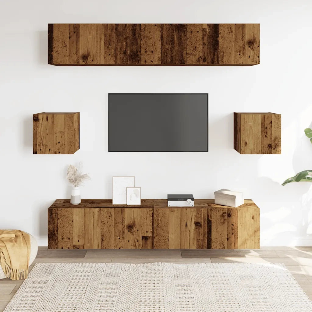 Set Mobile TV 6 pz | Armadietto TV | Mobile Porta TV Montato a Parete Legno Antico in Truciolato