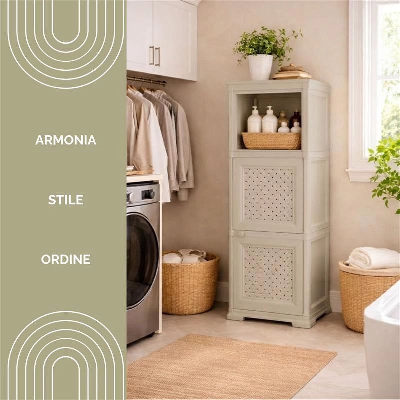 MOBILE 2 MODULI TAUPE 40X43X125 CM CON ANTE TRAFORATE E 1 MODULO SCAFFALE – CONTENITORE VERTICALE ORGANIZZAZIONE CASA PER INGRESSO E ZONA GIORNO