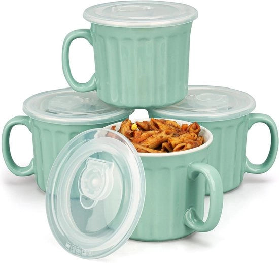 Set di contenitori per zuppa a 4 pezzi con coperchio - Contenitori per zuppa magnetron resistenti - Contenitori per zuppa in ceramica azzurra - 400 ml
