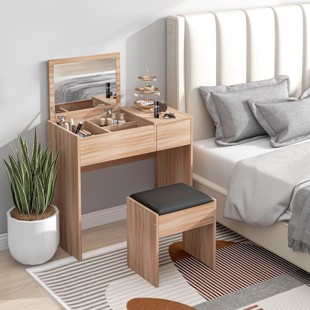 Cassettiera per Trucco con Specchio e Taburete ¨C zephmum ¨C Bianco 80x40x79 cm
