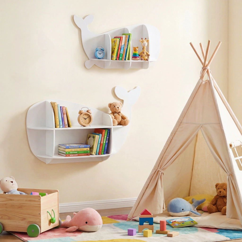 Set libreria per bambini a forma di balena con scomparti, Libreria da parete salvaspazio per cameretta soggiorno e sala giochi