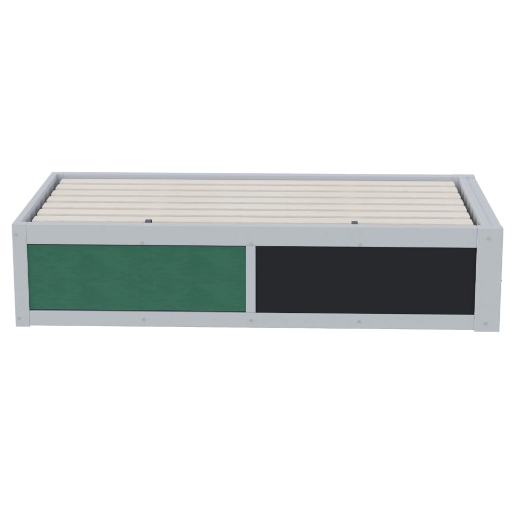 Letto per bambini 90x200 cm con contenitore idraulico; lavagna e spazio libri in legno grigio