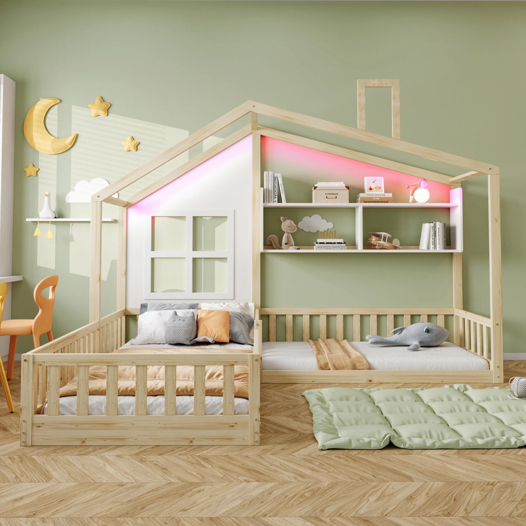 DESMIU Letto Bambino Singolo con Sponde, Mensole e LED, 90 × 200 cm e 140 × 70 cm, Senza Materasso