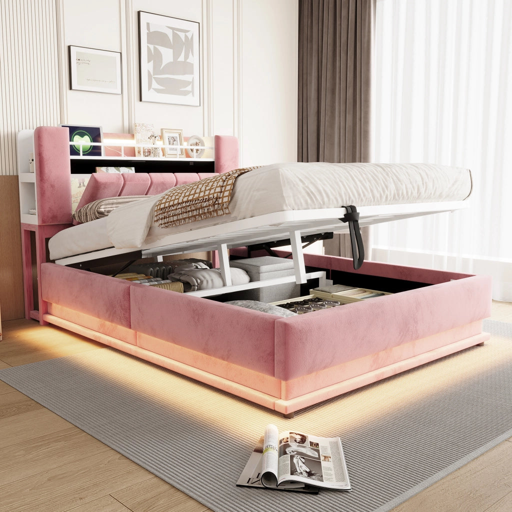 Letto Imbottito 140x200 cm con Contenitore Idraulico; LED e Prese USB; Velluto Rosa