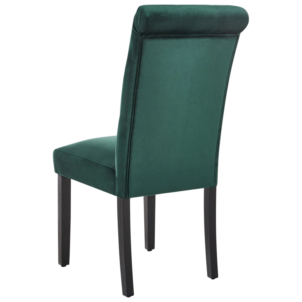 Set di 2 sedie da pranzo in velluto verde legno di gomma gambe nere bottoni e piedistalli