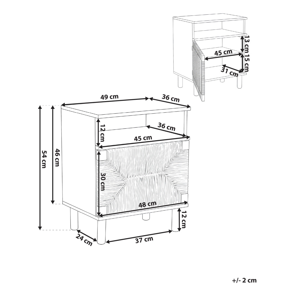 Comodino in truciolato marrone chiaro con frontale in corda di carta Stile boho moderno Contenitore per camera da letto