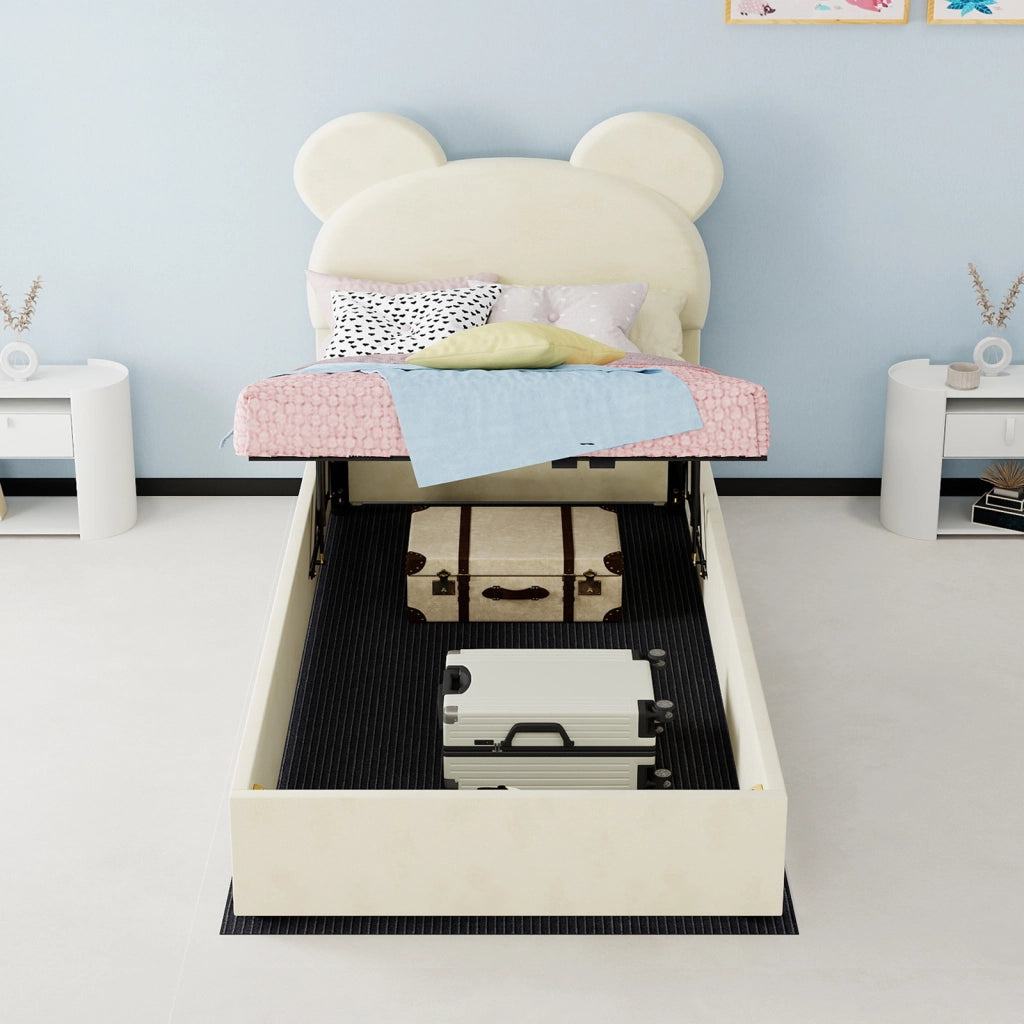 DESMIU Letto per bambini 90 × 200 cm 1 posto con vano contenitore, testiera, senza materasso, beige