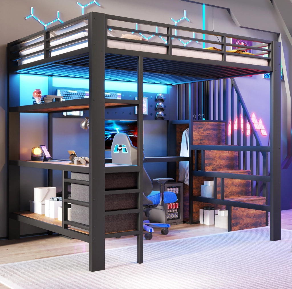 Letto a soppalco in metallo con scrivania, cassetti e LED