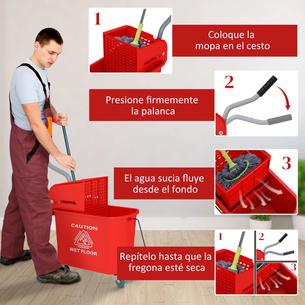 Secchio per Fregona 20L con Ruote e Scolapiatti ¨C Zephmum ¨C Rosso 60x27x70,5 cm