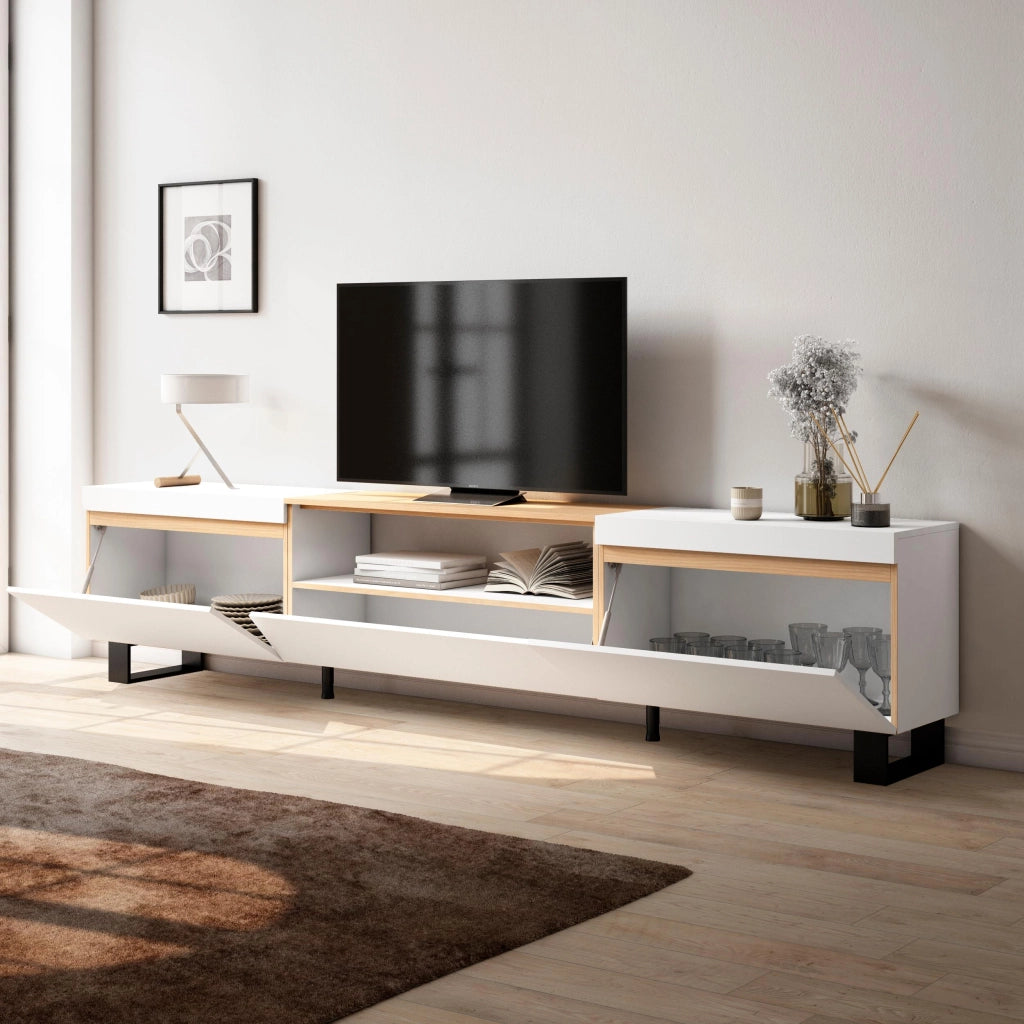 Mobile TV Soggiorno, 260x57x35 cm, TV di grande formato, Design industriale, Bianco e Rovere soft