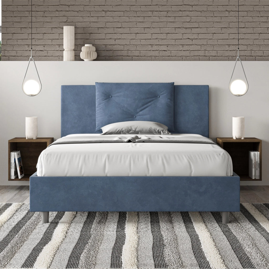 BS COM Letto queen size con rete imbottito 150x210 microfibra blu