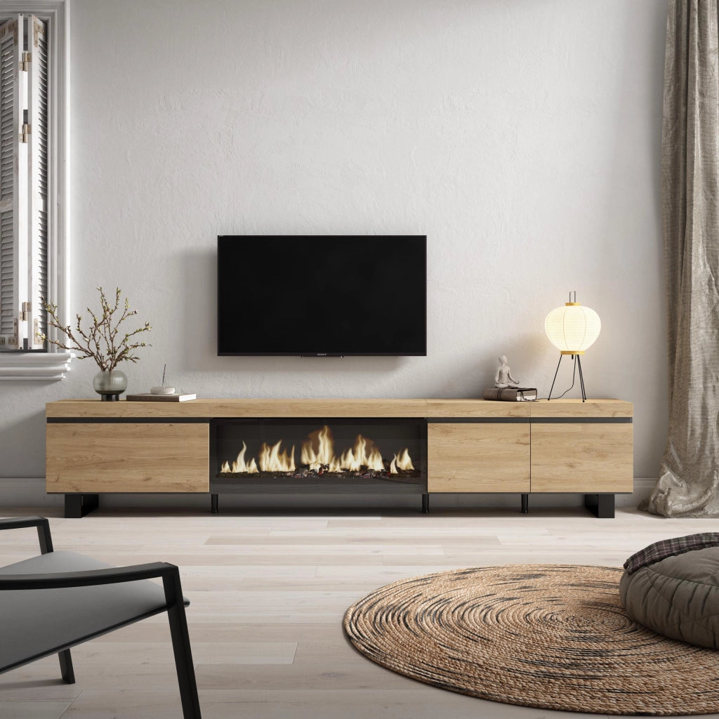Mobile TV Soggiorno, 288x35x57cm, TV di grande formato, Camino elettrico XXL, Design industriale, colore Rovere RF3622