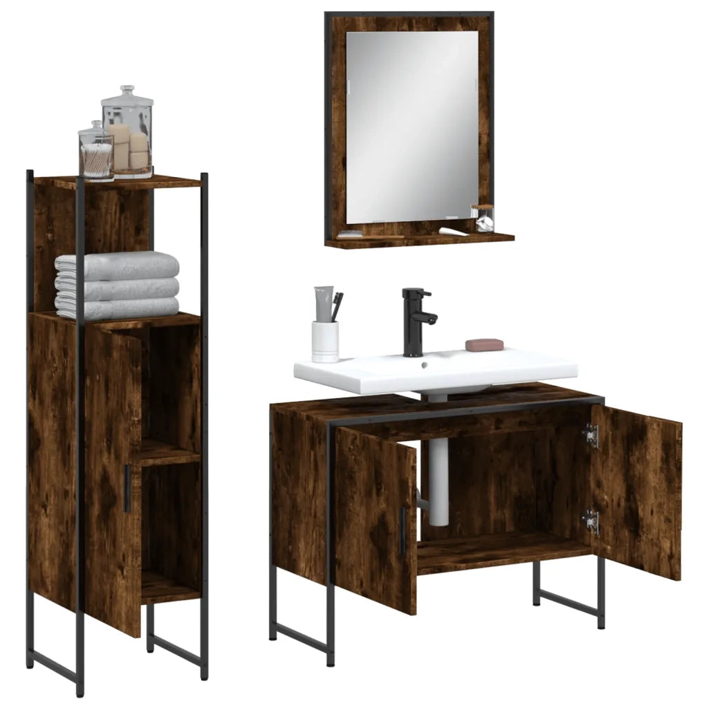 Set Mobili da Bagno 3 pz Rovere Fumo in Legno Multistrato 3214351