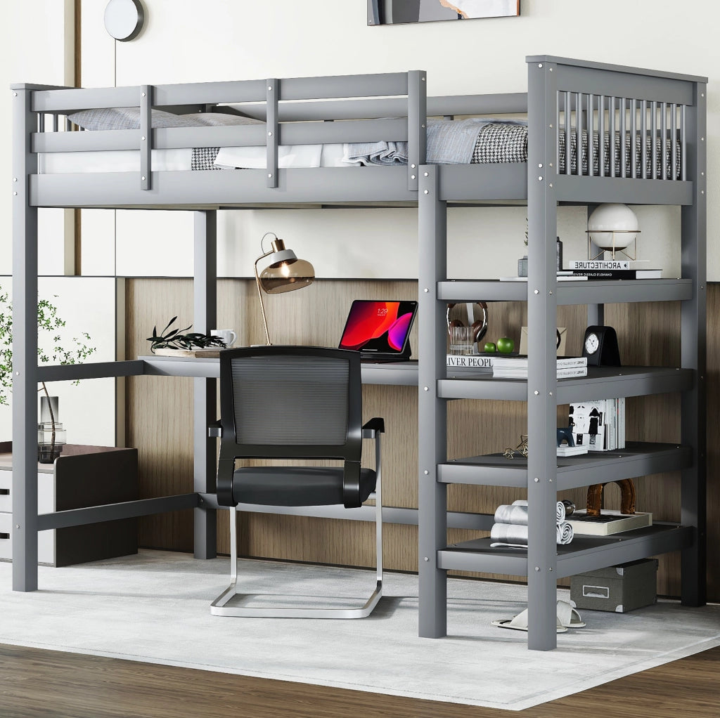 Letto a soppalco 90x200 cm grigio con scrivania e ripiani
