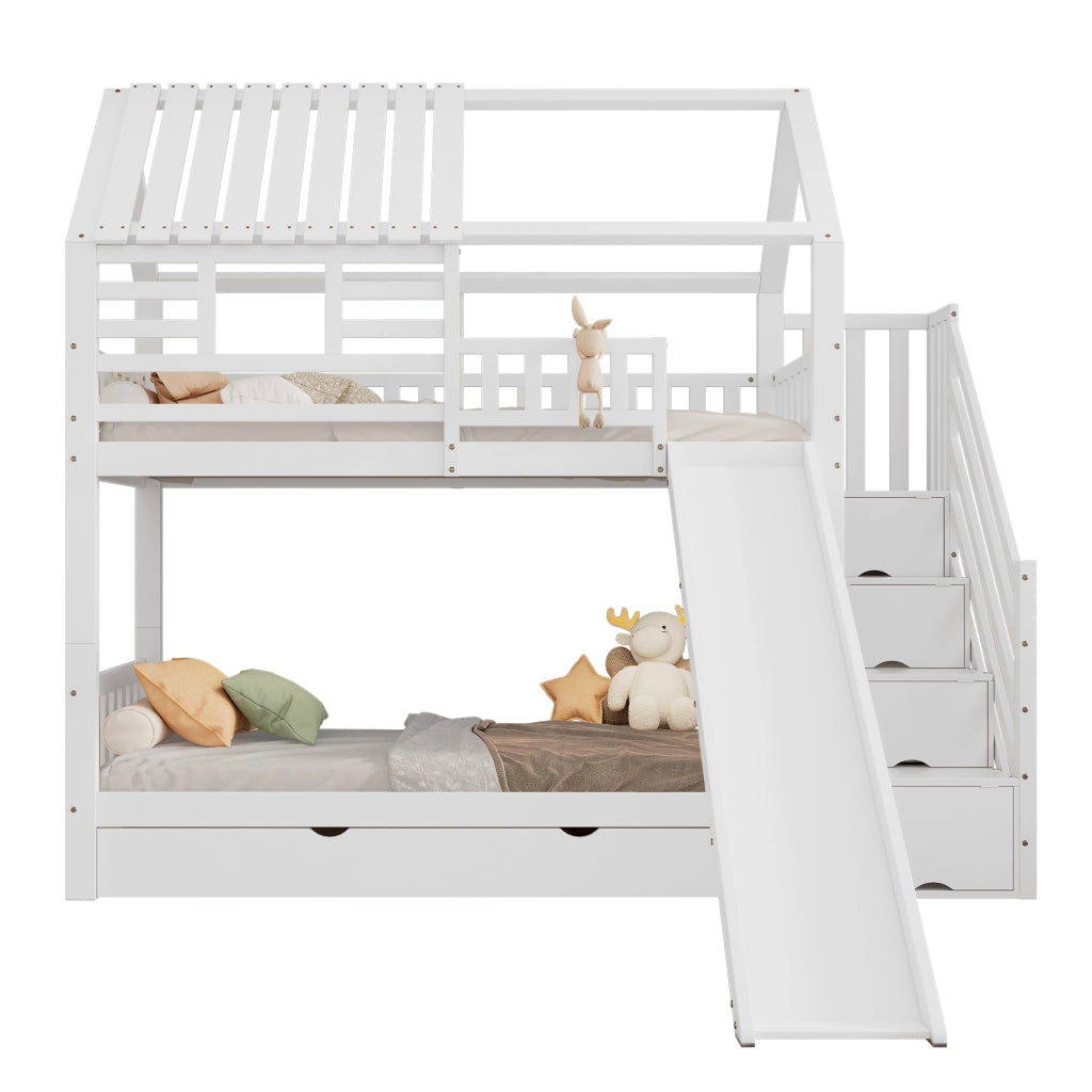 Letto a Castello 90x200 cm con Scala; Scivolo; Contenitori e Cassetti in Bianco