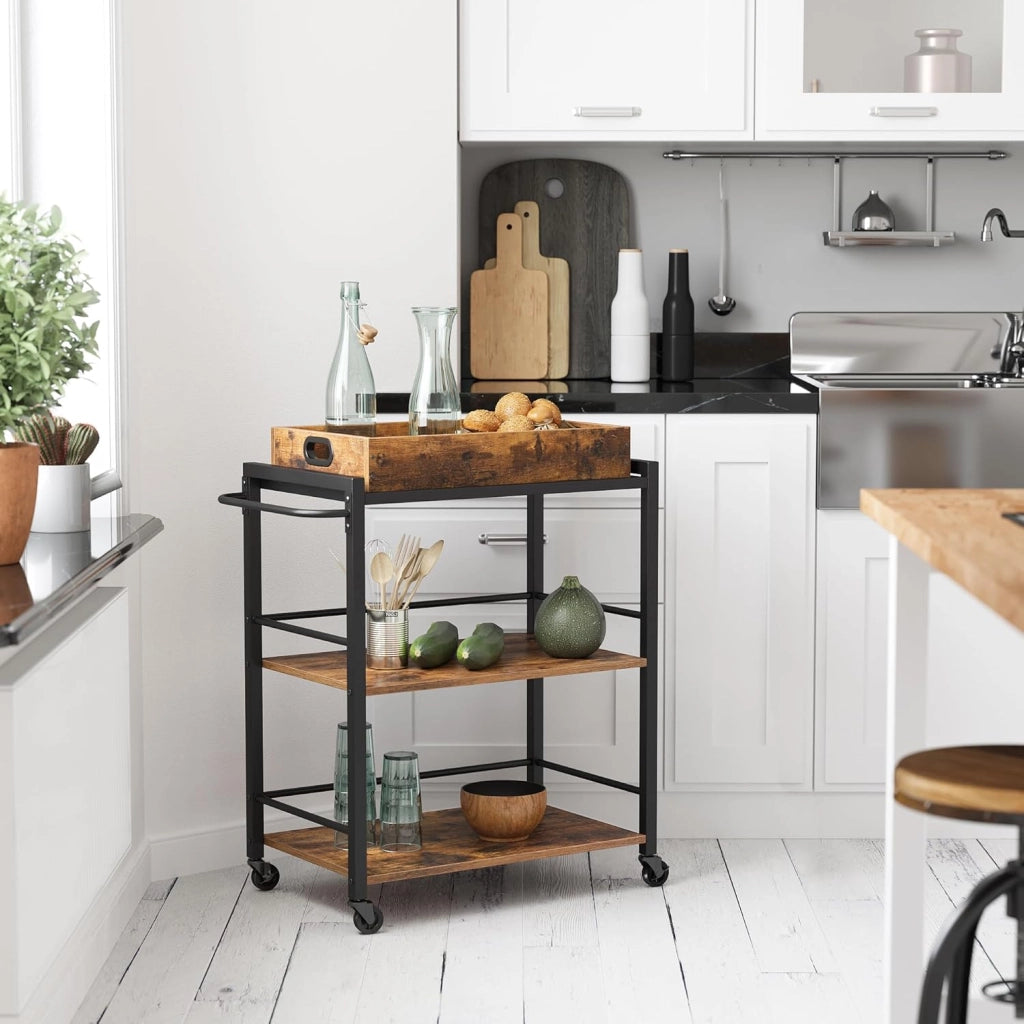VASAGLE Carrello da Cucina con Vassoio Rimovibile, Carrello Portavivande Fisso o con Ruote, Struttura in Acciaio, Scaffale Cucina 40 x 72 x 86 cm, Marrone Vintage e Nero Inchiostro LRC72X