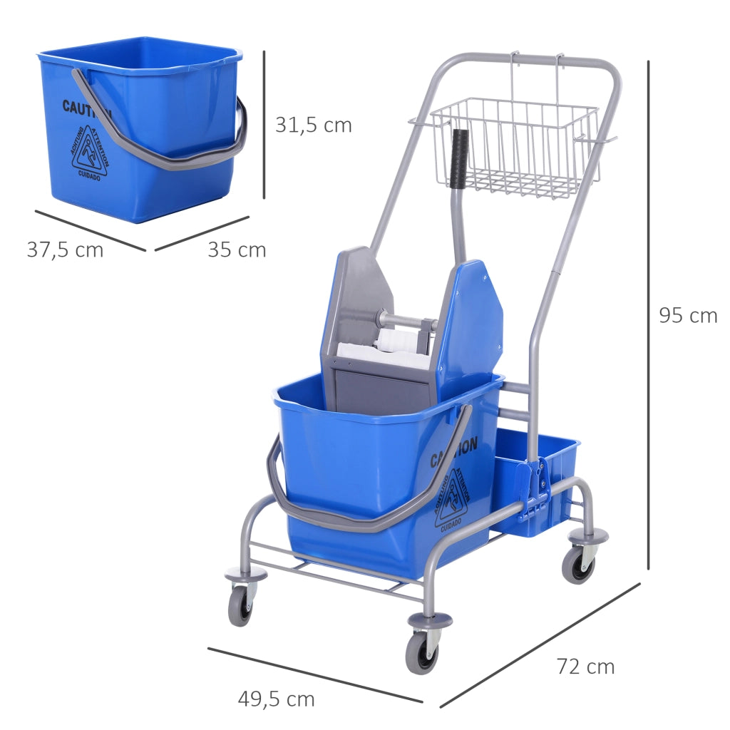Carrello pulizie professionale con secchio da 25 L, strizzatore e 4 ruote, blu
