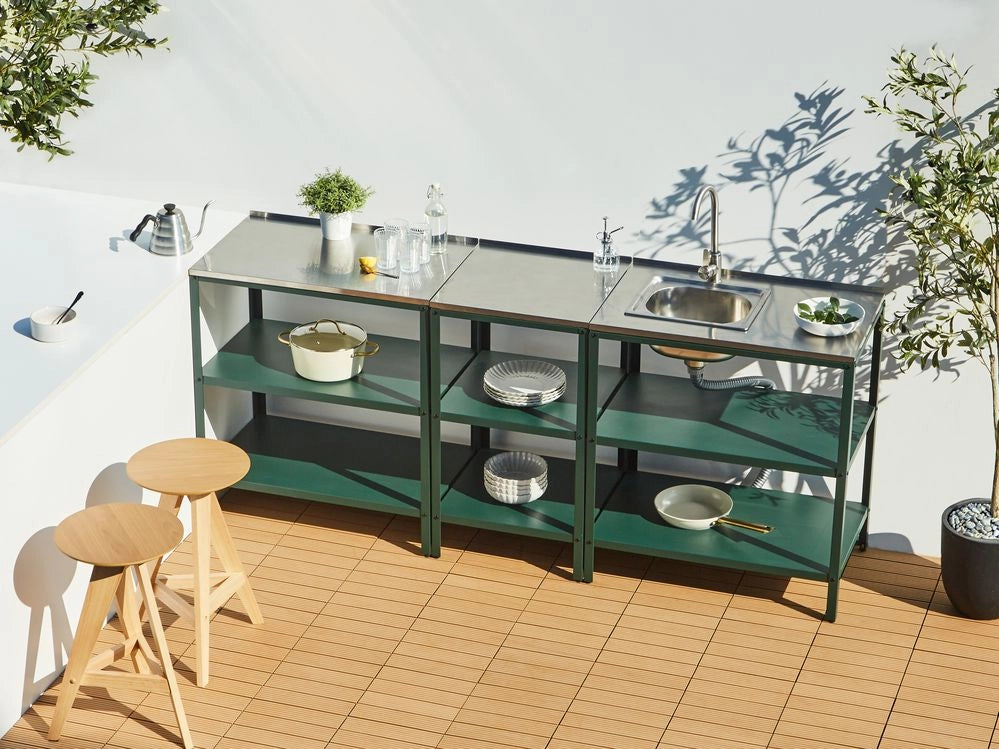 Isola da cucina per esterni Verde in acciaio inox a 2 ripiani con top Cucina da giardino da pranzo