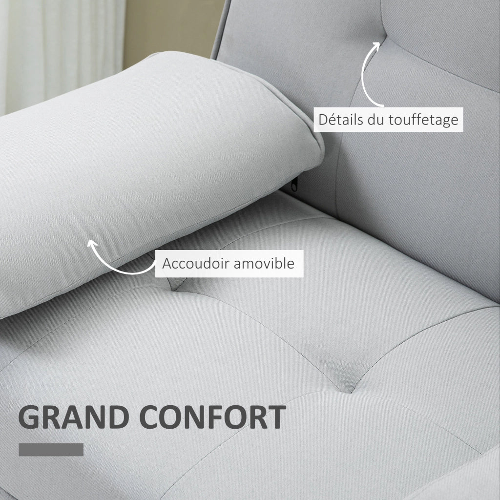 Divano letto 3 posti imbottito con schienale regolabile e portaoggetti ¨C zephmum ¨C tessuto grigio chiaro 200x90x80 cm