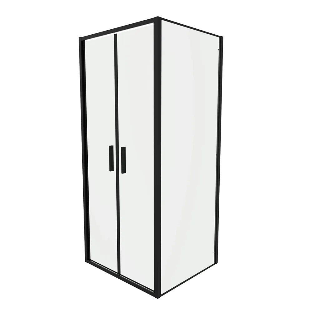 Box doccia slim 90x100cm con apertura saloon e parete fissa profili nero opaco e vetro 6mm trasparente h190| Portofino