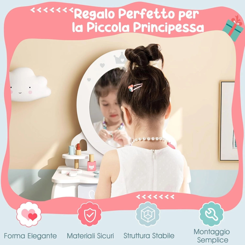 Toeletta Trucco 2 in 1 per Bambina, Specchiera Staccabile per Ragazza in Legno con Sgabello, Cassetto, Ripiani e Giocattoli, Postazione Trucco per 3 Anni, 50 x 34 x 93 cm, Bianco（Modello 1）