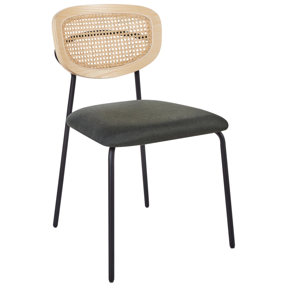 Set di 2 sedie da pranzo Rivestimento in poliestere verde scuro Schienale in rattan naturale a treccia viennese Gambe in metallo nero Sgabelli senza braccioli