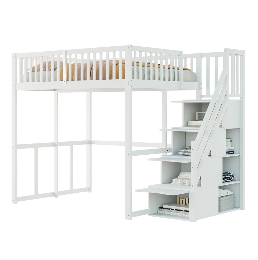 Letto a soppalco 140x200 cm bianco con scala contenitore