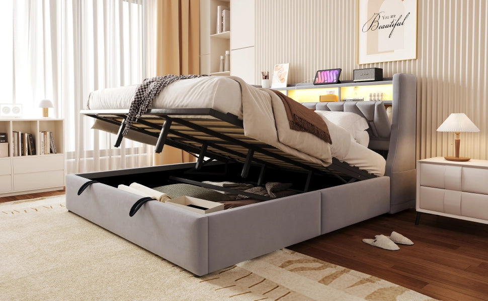 Letto imbottito con contenitore idraulico e LED, 180x200 cm, grigio chiaro